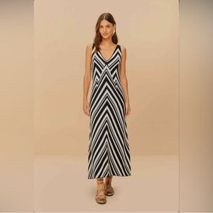 Farm Rio Black And White Stripes Knit Midi Dress